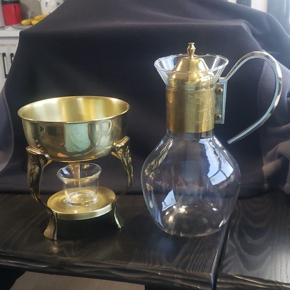 Princess House Brass Glass Coffee Carafe Tea Pot w/ Warming Stand Candle Holder